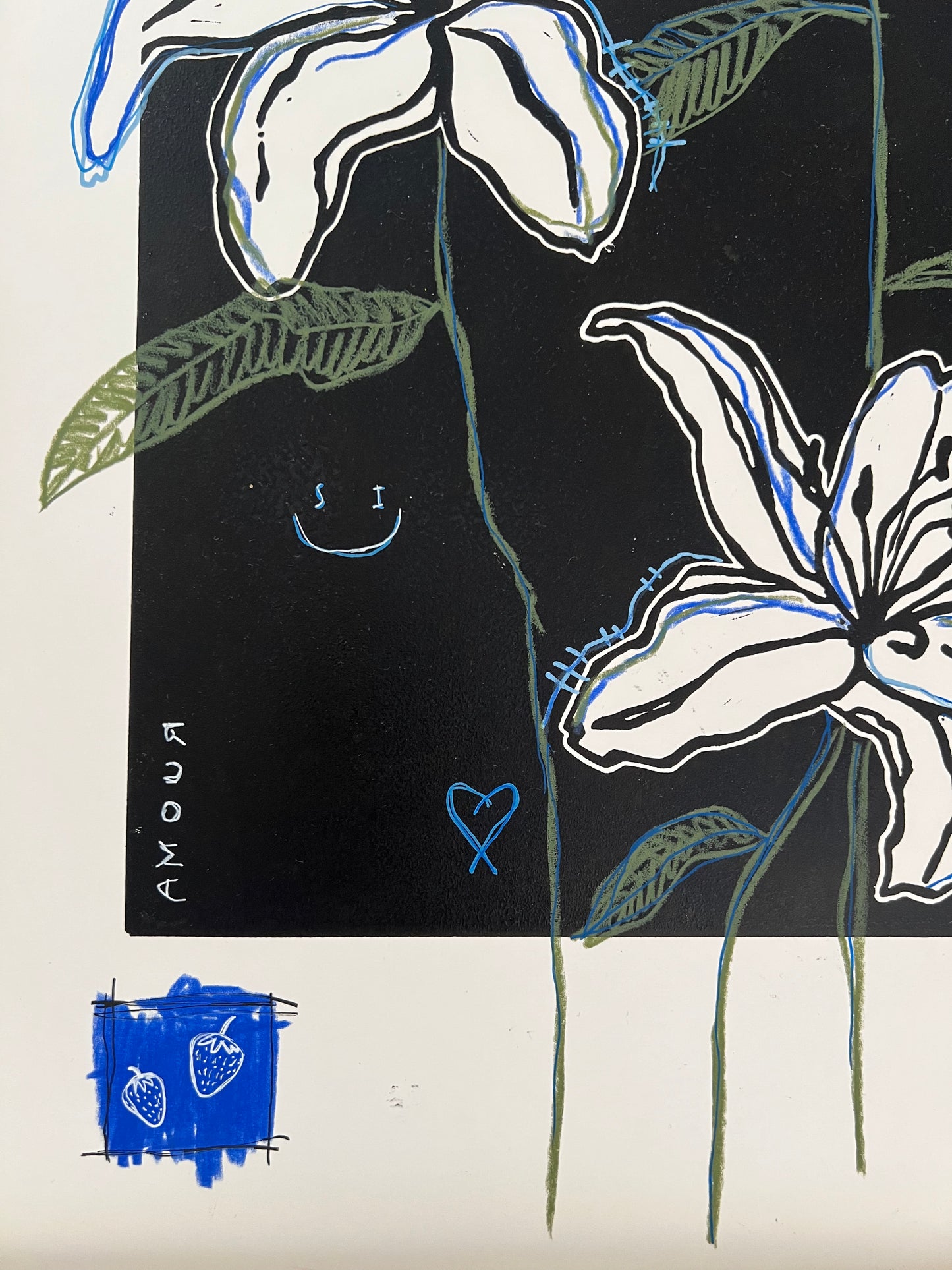 Liljer (blå detaljer og mørke blade)